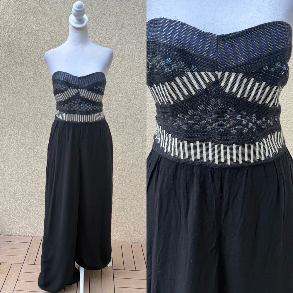 Hutch for Anthropologie strapless black white blue top wide leg romper jumpsuit